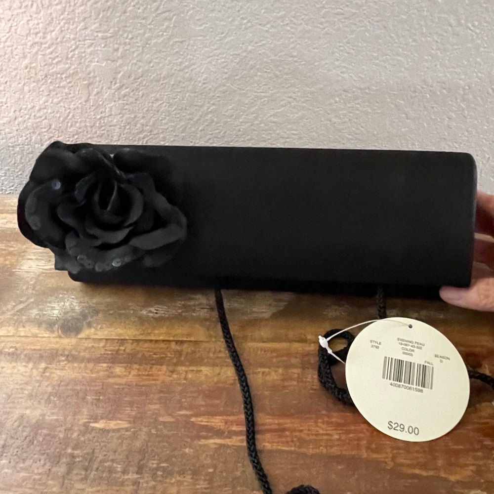 NEW Valerie Stevens Evening Bag Black Crepe Satin NWT Embellished Flower